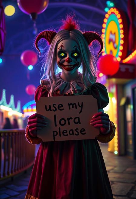 A girl from a horror movie stands in a dark place in a horror city with glowing eyes and a scary smile holding a sign that says "use my lora please"
amusement park, clown