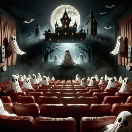 Surrealist art <lora:FF-Halloween-Full:1> Halloween theme style,"a halloween movie theater with a ghost and a ghost, horror movie cinematic, halloween film, horror movie scene, spooky and scary atmosphere, horror movie cinematography, rich cinematic atmosphere, halloween scene, horror movie, horror cgi 4 k, horror film, detailed 4k horror artwork, horror movies, scary magical background, haunted house themed, spectacular cinematic scene, hyperrealistic nightmare scene" <lora:Dalle3mixLoha:0.1> . Dreamlike, mysterious, provocative, symbolic, intricate, detailed