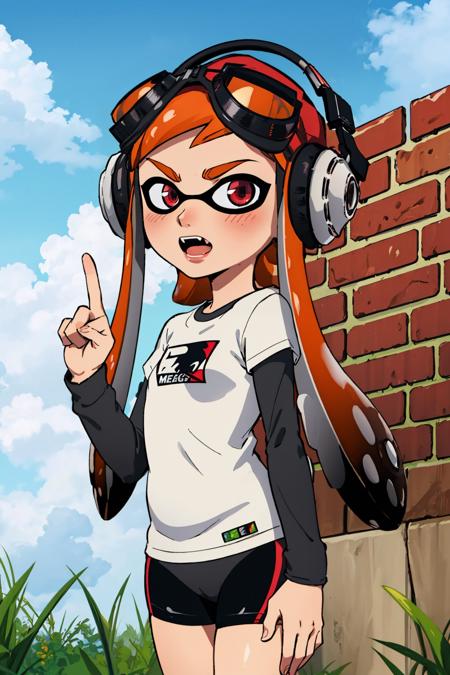 masterpiece, best quality, meggy, inkling, tentacle hair, headphones, goggles on head, white shirt, layered sleeves, spandex shorts, cowboy shot, open mouth, confused, fang, looking at viewer, park, hand up, grass, sky, red brick wall, clouds, standing <lora:meggy-nvwls-v2-000010:0.8>