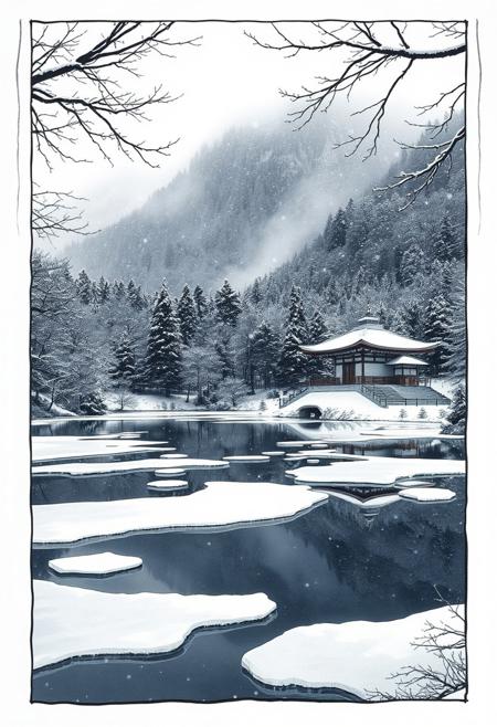landscape, reijfrmd, white frame, ink, idyllic winter scene of ice forming around the margins of a mountain lake, snowy forest, shinto temple, snow falling
