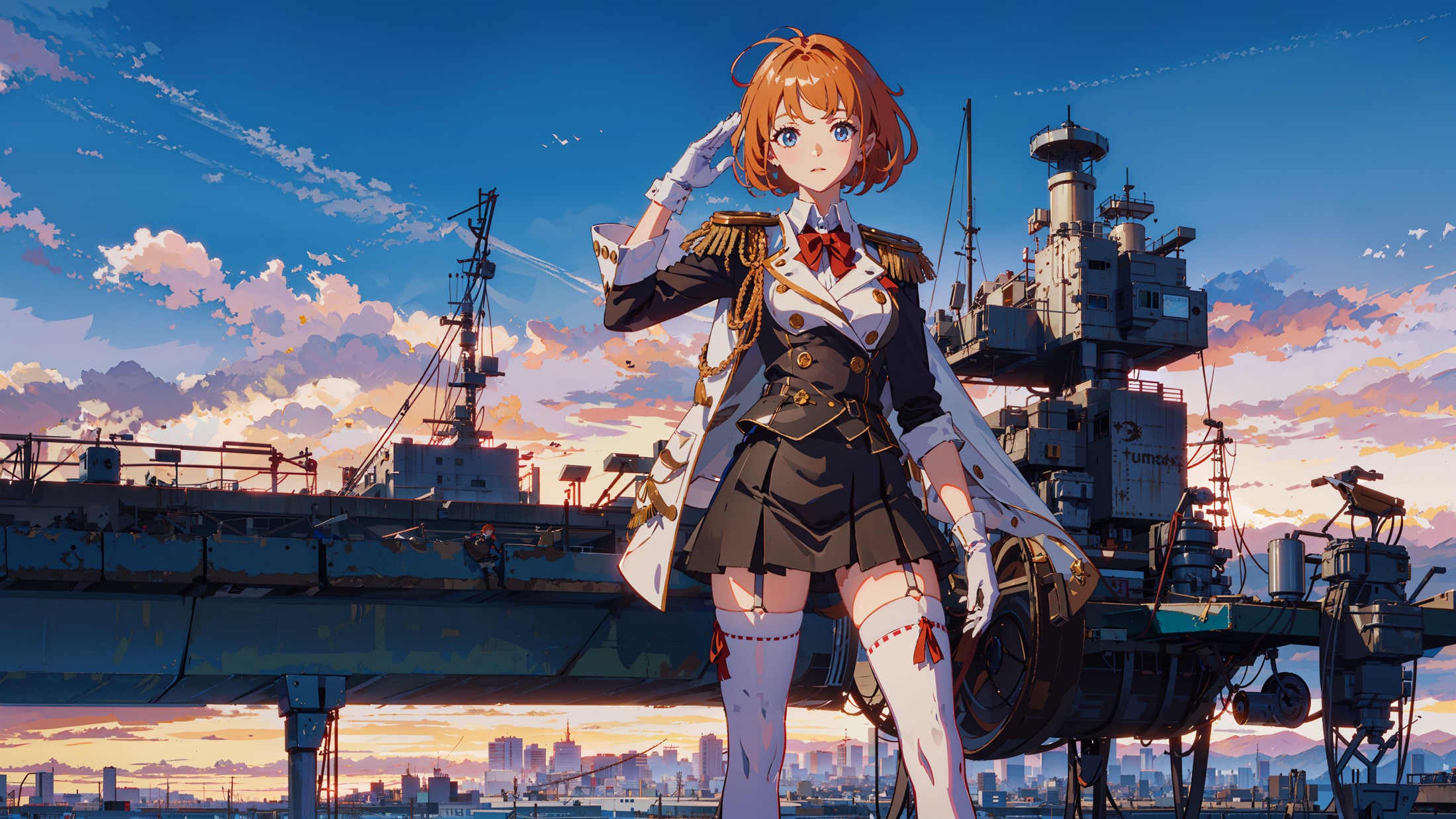 masterpiece, best quality,salute
1girl, arm up, black legwear, blue eyes, cannon, epaulettes, jacket, looking at viewer, m...