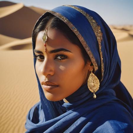 analog, portrait of a beautiful Tuareg woman, showcasing her striking features and traditional attire against the backdrop of the Sahara's sun-drenched dunes, capture her gazing into the distance with a sense of strength and resilience, while adorned in vibrant, indigo-dyed fabrics and intricate silver jewelry, utilize warm, golden lighting to accentuate the rich textures and colors of her garments,  shallow depth of field to focus on her captivating eyes, polaroid, photorealistic
