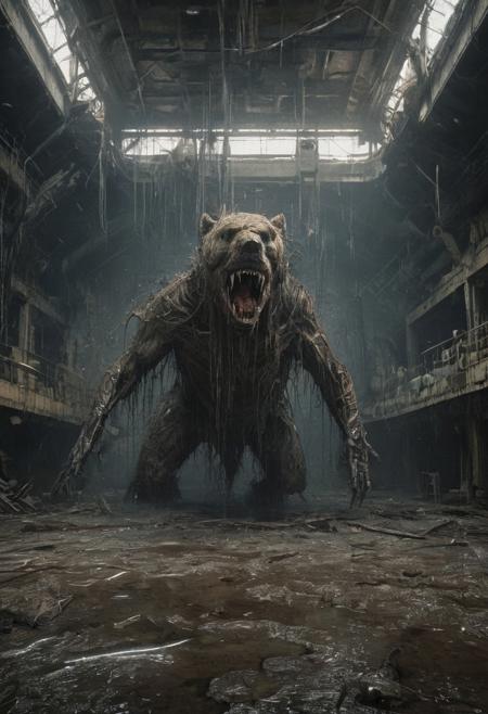 ultrarealistic cinematic horror scene — inside a colossal, derelict space station inspired by the Alien movie universe. The environment is claustrophobic, biomechanical, and corroded — walls covered in decaying metal, pulsating cables, torn insulation hanging like shredded skin. The floor is partially flooded with dark, dirty water that ripples with every sound. Gravity is present: rusted debris, torn panels, and shattered remnants of the interior lie scattered across the ground, soaked and heavy. Flickering emergency lights cast intermittent red and cold white flashes, creating eerie moving shadows that dance across the decaying corridors. Steam hisses from broken vents, and strange echoes bounce through the steel carcass of the station. On a rusted, elevated platform stands a massive, wounded bear — its fur drenched and torn, deep gashes across its body, eyes burning with rage. Below, from the black water, an enormous, monstrous shark explodes upward, jaws wide open, its scarred body cutting through the air mid-leap. The shark’s flesh is torn, raw, its movements violent and unnatural. Water crashes across the floor as it rises. The station groans under its own decay — alive, but barely. The atmosphere is thick with dread, moisture, and rot. A brutal, hopeless encounter between two beasts, trapped in a dying world of steel and silence, far from any salvation.