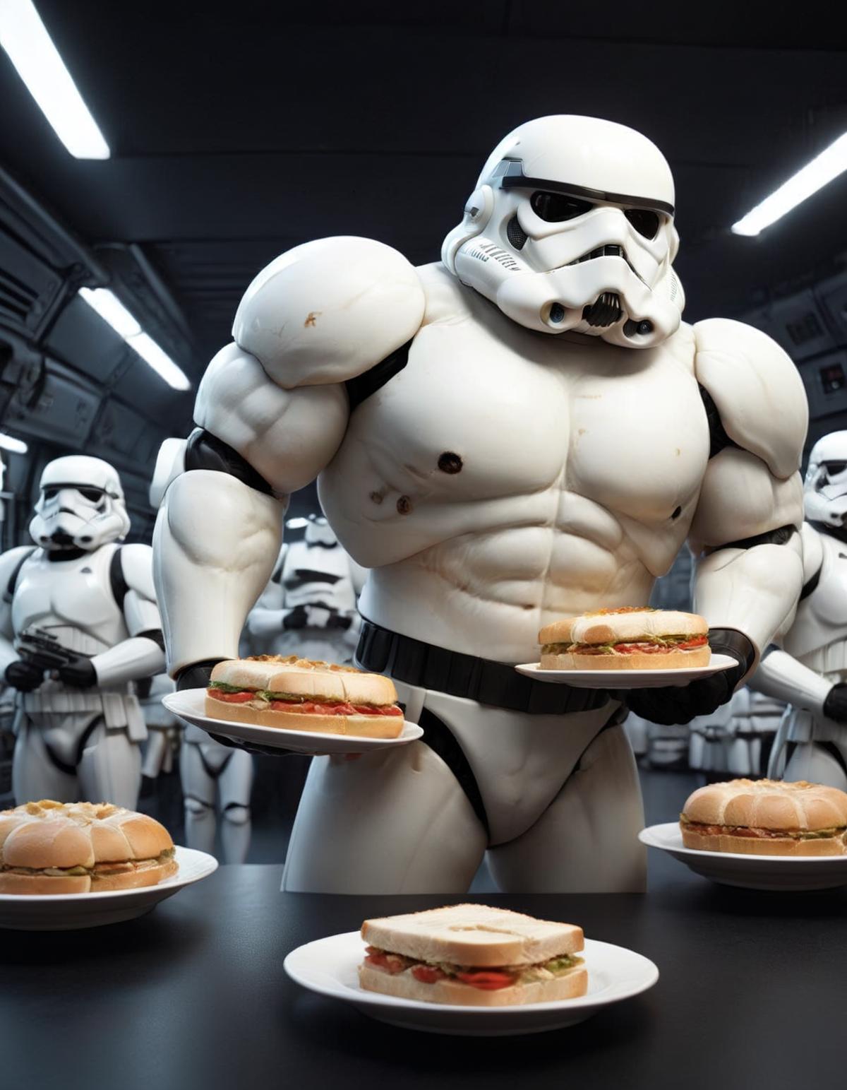 A Stormtrooper holding plates of sandwiches.