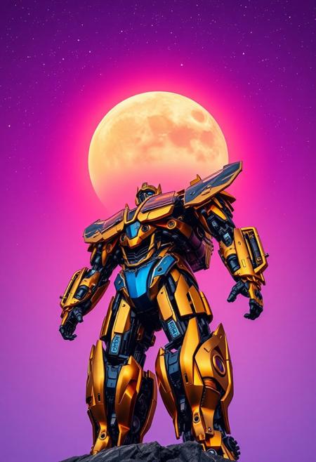 gold and blue Bumblebee transformer standing, view from below, photograph with a purple sky, cosmic stars, an orange and blue synthwave sun background. Slightly turned. Damascus steel. Ultra-detailed. Hyper-realistic.