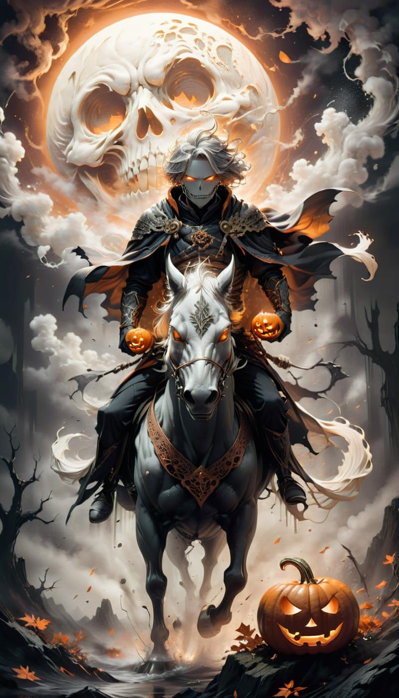 A person dressed in a witch costume riding a white horse.