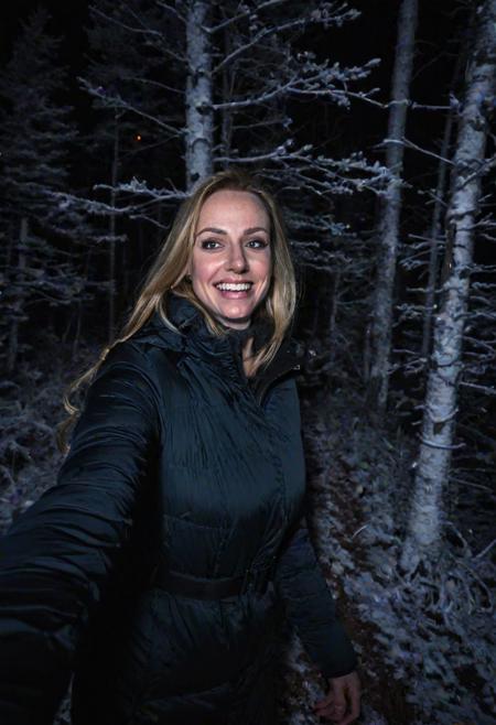 girl at night in the wood, selfie shot, dressed for trekking, winter, laughing, at night, very dark, infrared photography, without flash, grainy, ((motion blur)), blurry,  walking