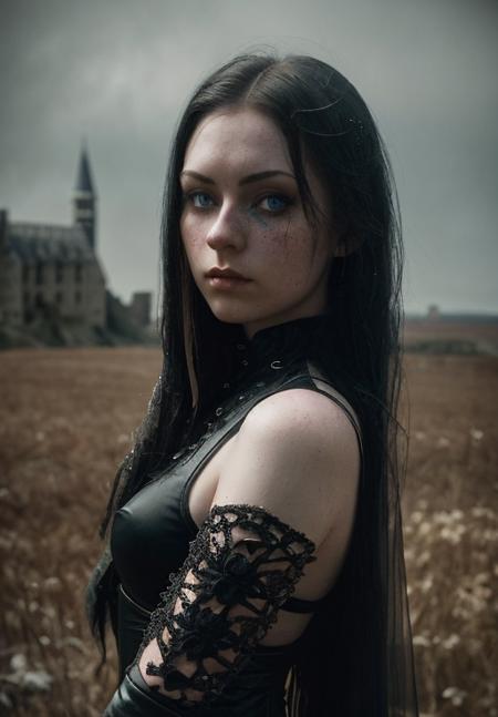 gothic, portrait, masterpiece, glowing cooper armor, castle in background, tunderstorm, Big Close-Up, pale skin, straight long hair, big blue eyes, freckles, wet hair, best quality, highly detailed, cinematic film, dramatic lighting shadow, kodak, vignette, high budget, epic film grain, grainy, hyper detailed, expressive,  award winning, intricate details, looking at viewer, dynamic pose, atmospheric haze, cinematic film still, highly detailed, high budget, photorealistic, candid camera, color graded cinematic, eye catchlights, atmospheric lighting, natural <lora:gothic_v1:1>