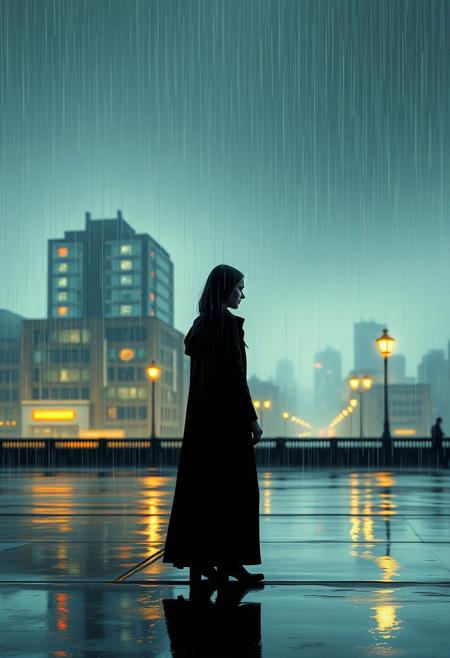 A melancholic figure standing in a rain-soaked landscape, minimalist still life meets theatrical impressionism, vibrant color blocking, dynamic composition, modern design with vintage drama, expressive lighting, structured geometry, soft pastel textures, stylized urban scenes, surreal object arrangements, elegant figures in motion, stage-like settings, crisp contemporary aesthetics, painterly atmosphere, emotional abstraction, clean design infused with narrative flair, visual poetry through shape and gesture