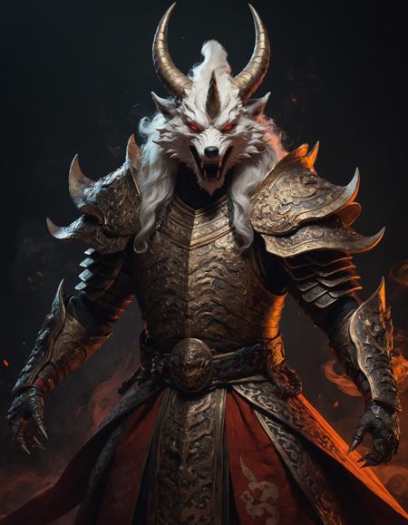 long_fingernails, pale_skin, traditional_robes, sharp_teeth, glowing_eyes, white_hair, ethereal_body, ghostly_whisps, dark_aura, levitation, sinister_smile, horns, qing_dynasty_garments, terracotta_armor (for warrior spirits), fox_features (for huli jing), snake-like_attributes (for nü gui), spectral_presence, shadowy_form, malevolent_grin, red_eyes