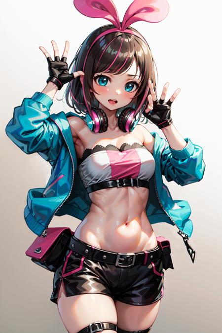 kizuna ai, a girl, cowboy shot<lyco:KitsuneAi-KizunaAi-LoCon32V1:0.8>
gloves, fingerless gloves, shorts, open clothes, navel, open jacket, belt, jacket, black shorts, hairband, midriff, short shorts, headphones around neck, short sleeves, headphones, alternate costume, stomach, thigh strap, pink hairband, black gloves, shoes, pouch, belt pouch, white shirt, socks, official alternate costume, cropped jacket, buckle, sneakers, belt buckle, shirt, crop top, blue jacket, strapless