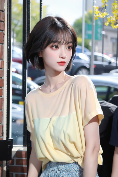 ((masterpiece)), (best quality), photorealistic, best quality, 1 girl, shirt, short hair, looking at viewer, Face details:1.4, yellow t-shirt, subway background:1.4, upper body <lora:Yubin-01:1>