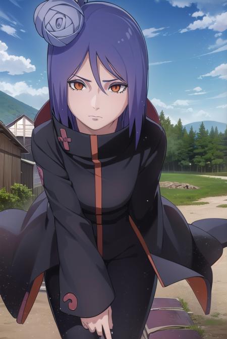 konan, short hair, hair ornament, blue hair, flower, hair flower, (orange eyes:1.2), (labret piercing:1.2), eyeshadow, coat, cloak, black coat, black cloak, (akatsuki uniform:1.5), akatsuki \(naruto\),