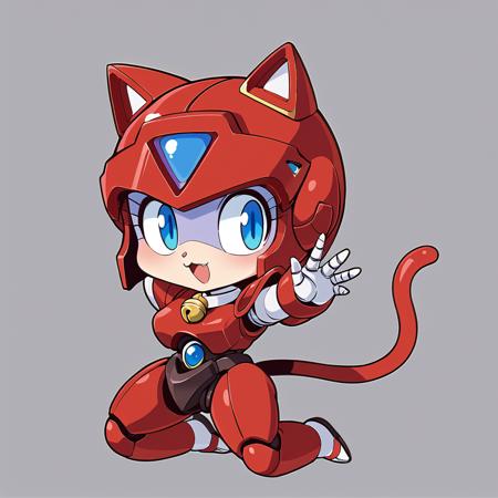 pururun, 1girl,red helmet, cat tail, blue eyes, cat ears, robot, android,red armor,neck bell, chibi