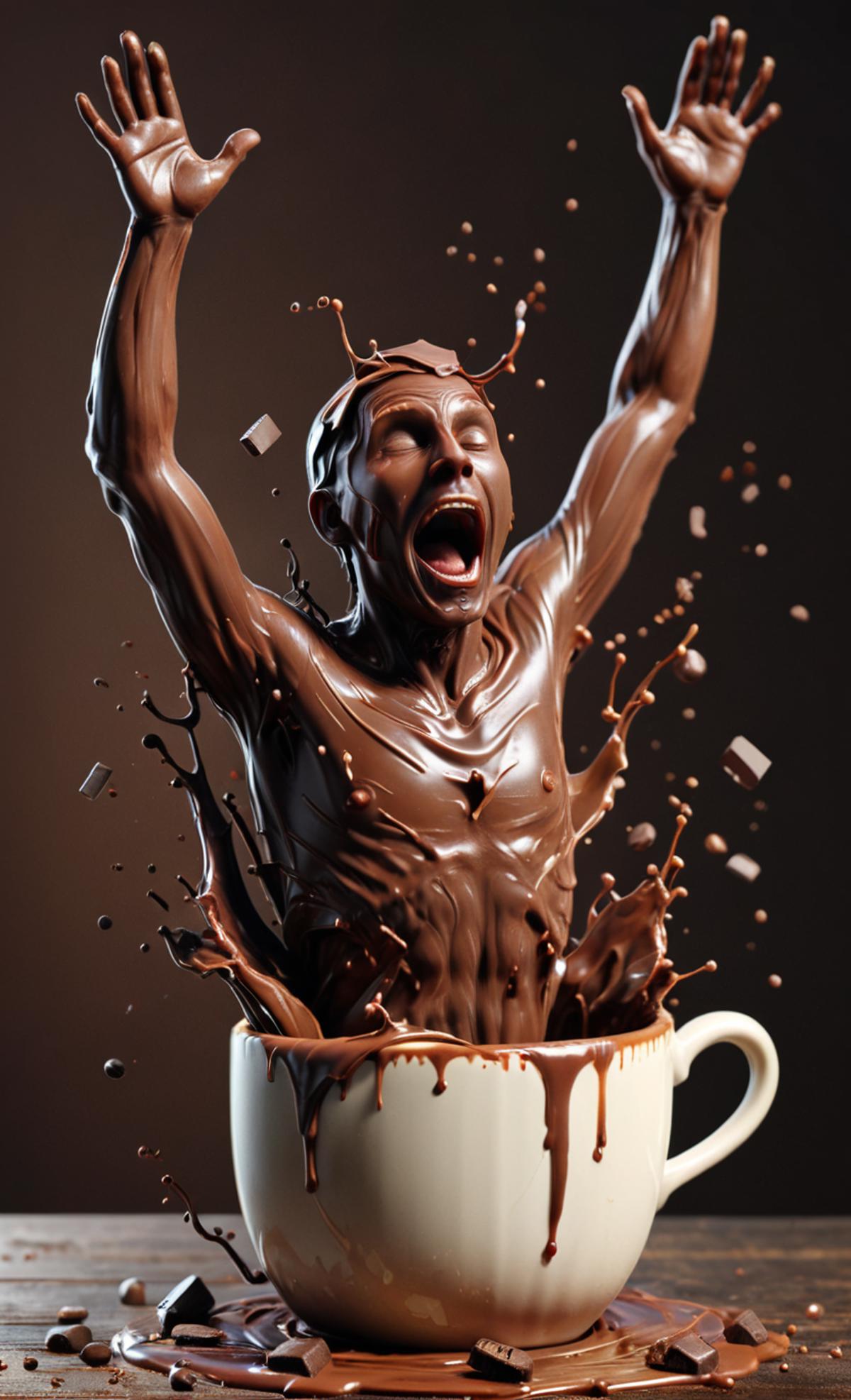 A man who has been turned into chocolate is screaming and falling into a mug of hot chocolate.