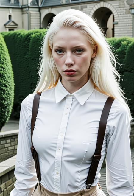 close up analogue photo of a beautiful 25 years (((albino woman:1.5))) with white hair (((pale skin:1.5))), white hair, <lora:Lumiya_SDXL:0.6>, Wearing a cotton blouse with lace cuffs, high-waisted trousers, and leather suspenders, a woman adjusts an old film camera in a quiet Paris courtyard, ivy curling along stone walls, muted afternoon tones with shallow focus.
