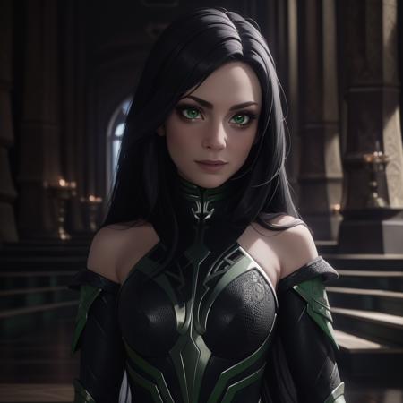 black hair, long hair, armor, bare shoulders, green eyes