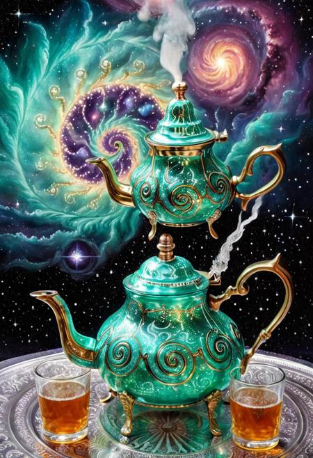 mint teapot, mint steam curls as nebula, glass shards become celestial petals, teacups orbiting, vapor trails, surreal illumination, arabesque constellation patterns, fractal tiling
