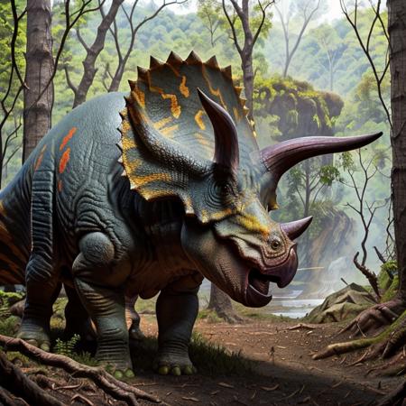 perfect exposure, colorful, masterpiece, best quality, <lora:Triceratops_Dinosaur_Dim32_Anime:1>, Triceratops_Dinosaur,  Jurassic jungle,