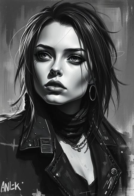 A classic black and white cyberpunk portrait in gritty realism, emphasizing thick impasto textures and dramatic lighting.  The stylized sci-fi character is rendered with expressive brushwork, deep shadows and high contrast. The image evokes timeless elegance and raw emotional intensity.