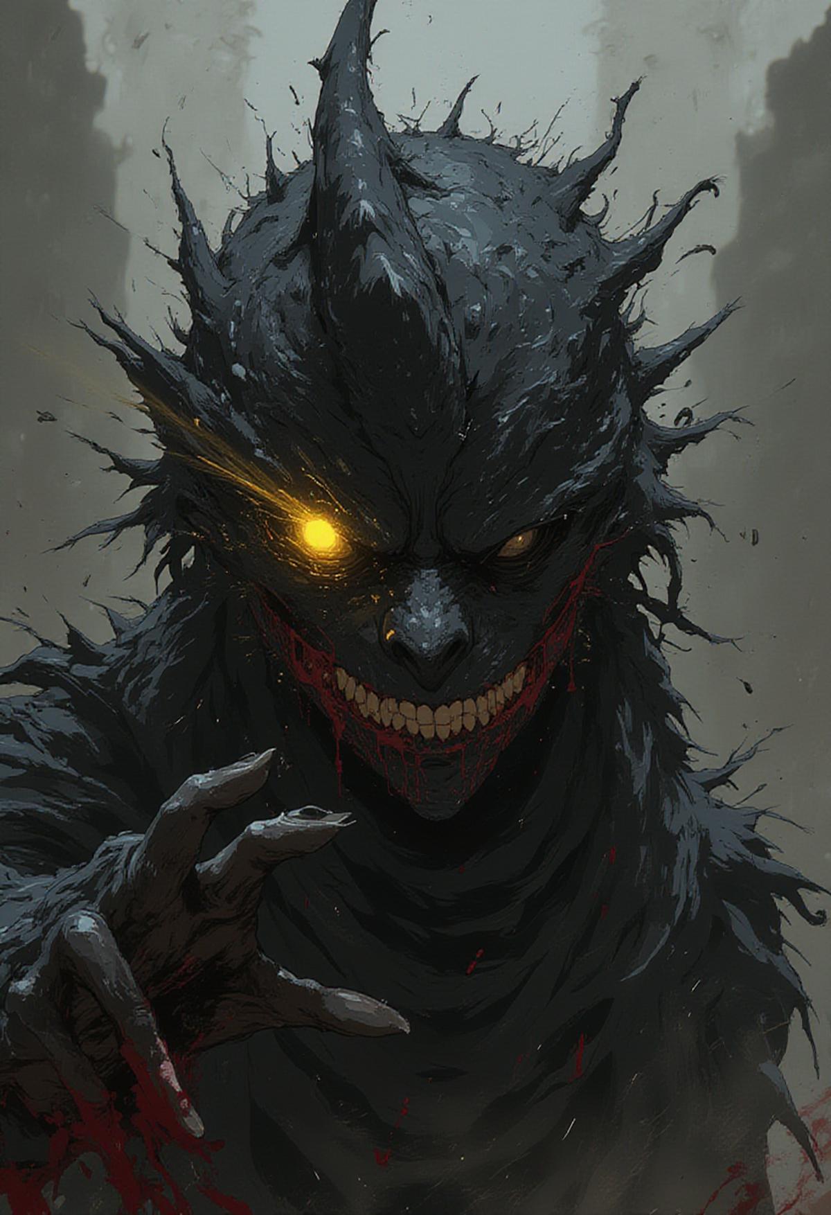 human that is sporadically covered in coal-like black dragon scales has one yellow eye holding his half-clawed hand in front of him that has bloody talons,   high resolution, front view, blurry detailed  background, dof,  artistic concept art with fine chaotic brush strokes, <lora:MJanime_flux_lora_v1:.9>