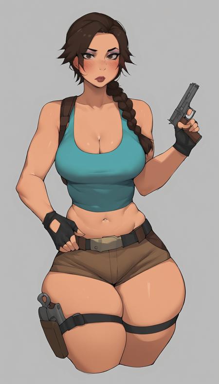 score_9,score_8_up,score_7_up,rating: general,lara croft,1girl,solo,long hair,medium breasts,looking at viewer,blush,simple background,brown hair,gloves,navel,holding,cleavage,bare shoulders,brown eyes,collarbone,weapon,braid,thighs,shorts,black gloves,midriff,fingerless gloves,grey background,holding weapon,lips,crop top,gun,short shorts,single braid,skindentation,makeup,thigh strap,thick thighs,tank top,lipstick,holding gun,handgun,curvy,plump,holster,brown shorts,long braid,<lora:bobtheneet_Elijahzx_style__Pony_XL:1>,
