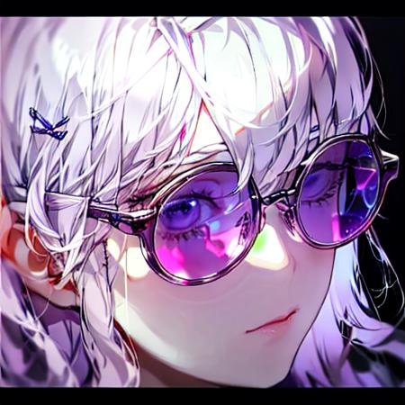 <lora:ClosePortrait_Glasses:1>,ClosePortraitWithGlasses,eye focus, 1girl, close-up, solo, sunglasses, hair ornament, tinted eyewear, bangs, purple eyes, white hair, eyelashes, pink-tinted eyewear, looking at viewer, reflection, purple-tinted eyewear