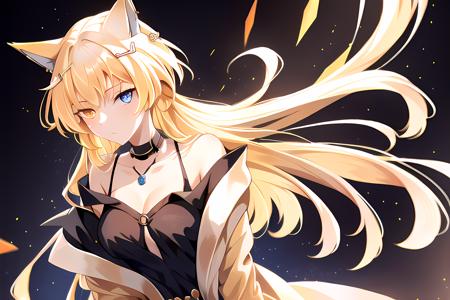 solo, 1girl, animal ears, nightmare \(arknights\), heterochromia, blue eyes, long hair, very long hair, hair ornament, orange eyes, breasts, blonde hair, cat ears, bathrobe, jewelry, masterpeace, best quality<lora:arknightsNightmare:0.8>