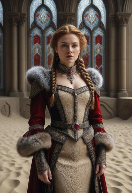 Sand Style, nbn-freyja, (Sand Style background:2), indoors, standing, 1woman, solo, long hair, black choker, eyeliner, gorgeous lips, covered breasts, cinematic, best quality, ultra-detailed, very aesthetic, (natural eyes:1.4), freckles, aloof, (masterpiece:1.1), small waist, fitness body, wide hips, 32 years old, golden blond hair, censored, (big stained glass windows:1.4), (Sand Style Victorian dress:1.6), (red ruby clothes:1.6), high end closure, Evil Queen, cinemascope, moody, epic, gorgeous, film grain, natural hands, red elbow gloves, knee boots, dramatic, ritual magic, freyja, auburn hair, braided hair, magic, forest, Viking queen, mythic beauty, feathered cloak, fur, armor, robe, braid, rune jewelry, photorealistic, cinematic, flowers, jewelry, photorealism, cinematic lighting, high fantasy, mythic portraiture, soft background, northern folklore aesthetic, (fully dressed:2), (RAW photo), 4K, best quality, realistic, photorealistic, masterpiece, extremely detailed, an extremely delicate and beautiful, dynamic, realistic anatomy, candle lighting, perfect shading, professional shading, depth of field,  perfect skin, gentle, highly detailed, breathtaking, clear skin, (Sand Style clothes:2.6), 1girl, solo, braid, long hair, wide sleeves, hat, outdoors, hair over shoulder, brown hair, single braid, sash, brown eyes, long sleeves.