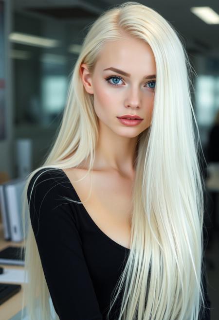 Very pale white girl with snowy white extremely long straight blond hair, deep blue eyes, very slim body at office
