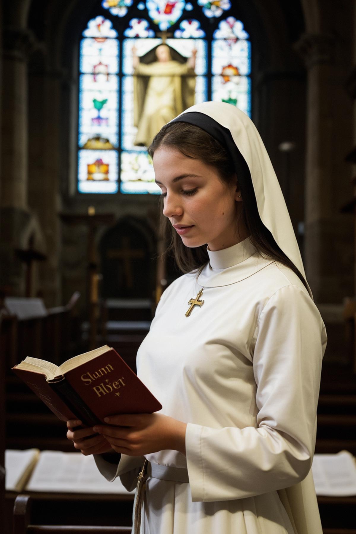 A woman in a nun's outfit reads a book in a church.