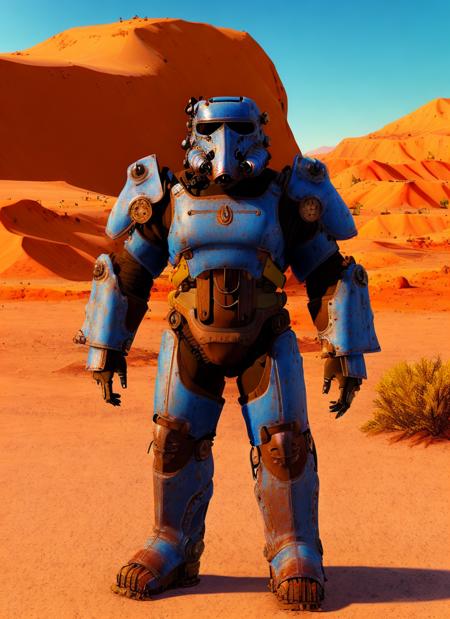 T60PowerArmor,  (robot:0.1), mechanical arms, <lora:VaultSuit13_v06:0.9>, digital art, masterpiece, best quality, perfect, ultra-detailed, illustration, realistic, fallout 4, standing, hand up, solo, full body, desert, at sunny day, no human, , realism, naturalistic, representational, composition, perspective, light, color, texture, detail,