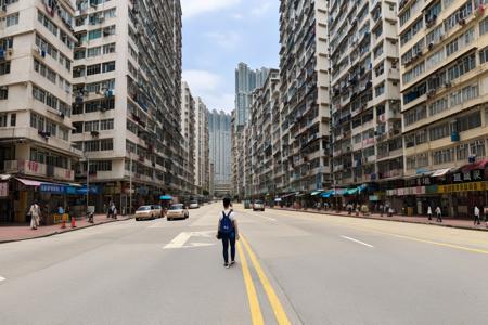 Hong Kong Old District, tall buildings, person walking on the sidewalk, (RAW photo, best quality), (realistic, photo-realistic:1.2), outdoor <lora:Hong Kong Old District:0.6>