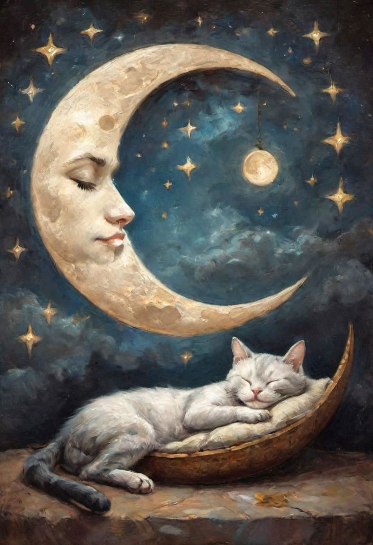 A painting of a white cat sleeping under a moon.