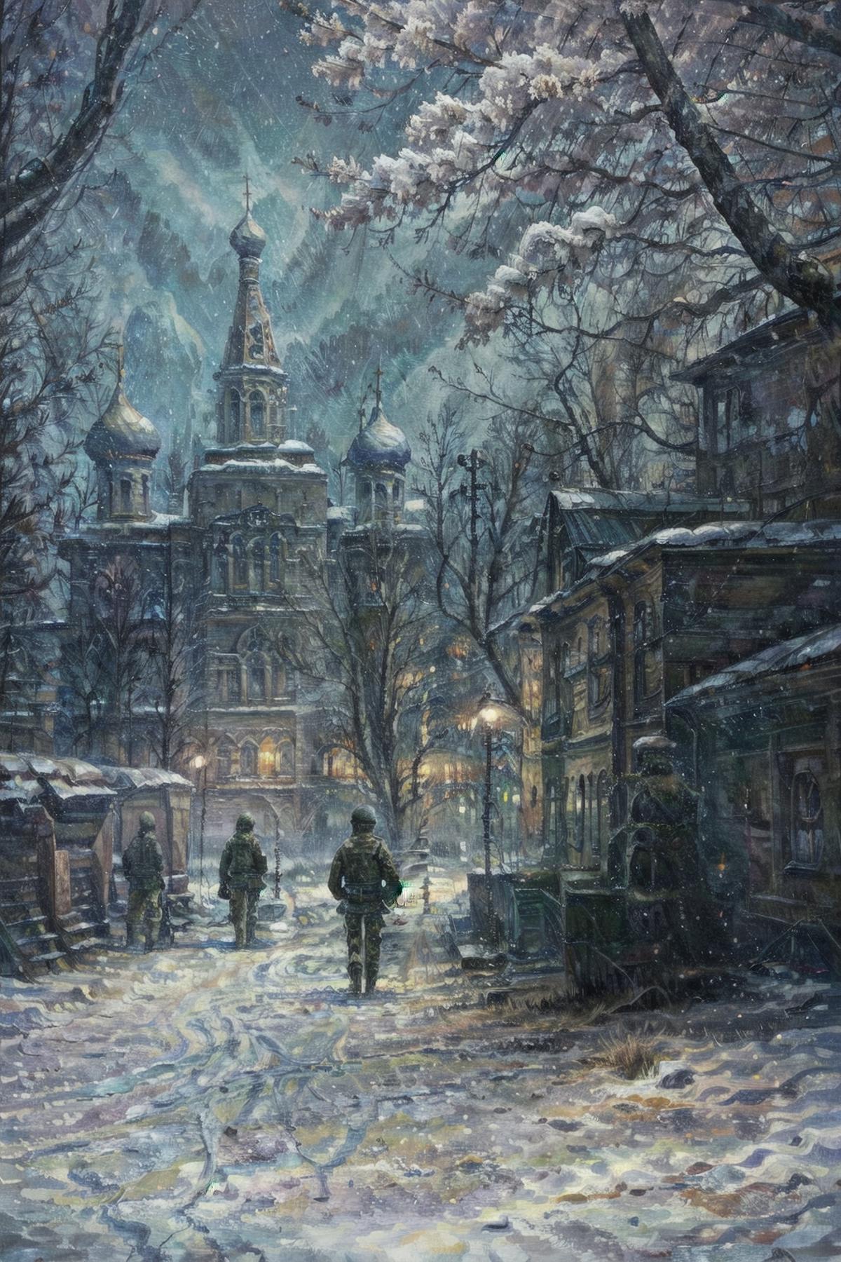 Snowy Town with Three People Walking Down the Street