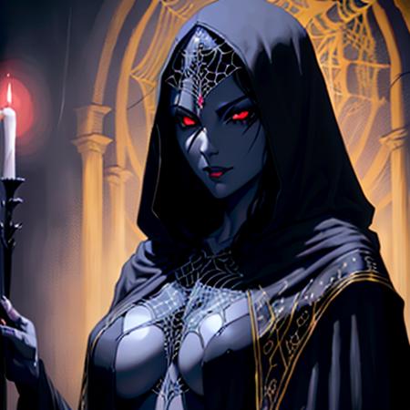 `(1 female, adult, dark elf), long, black hair, sapphire eyes, cloaked in a robe woven with spider silk and decorated with spider emblems, conducting a ritual under a massive spider statue in an ancient underdark temple, realistic, fantasy setting, high resolution, detailed, color <lora:DarkElf_V3:1>`