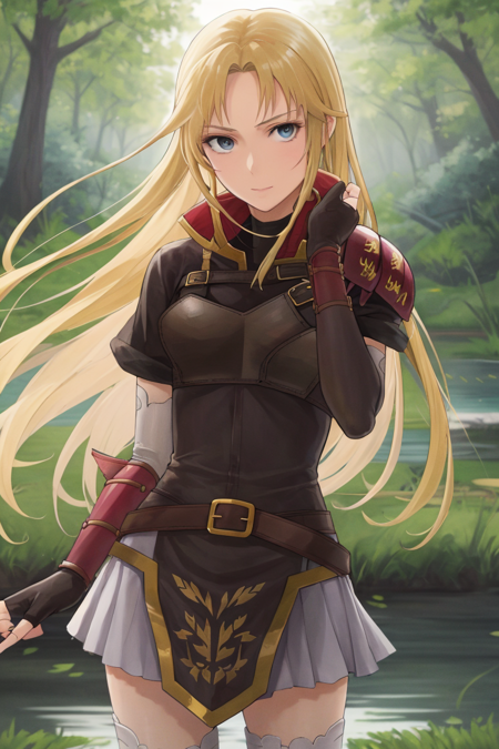 <lora:Clarisse_FE-08:0.85>  clarisse fe, 1girl, solo, looking at viewer, skirt, nature, park, pond, trees, thighhighs, gloves, very long hair, elbow gloves, fingerless gloves, armor, zettai ryouiki, breastplate