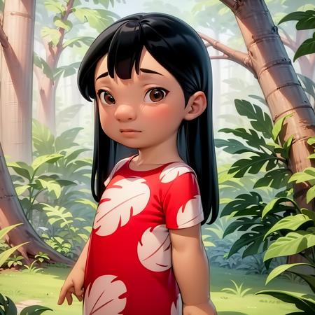 ((masterpiece, best quality)), 1girl, solo, black hair, brown eyes, dark skin, child, long hair, red dress, lilo pelekai,  <lora:LiloPelekai_0606:0.6>, forest,