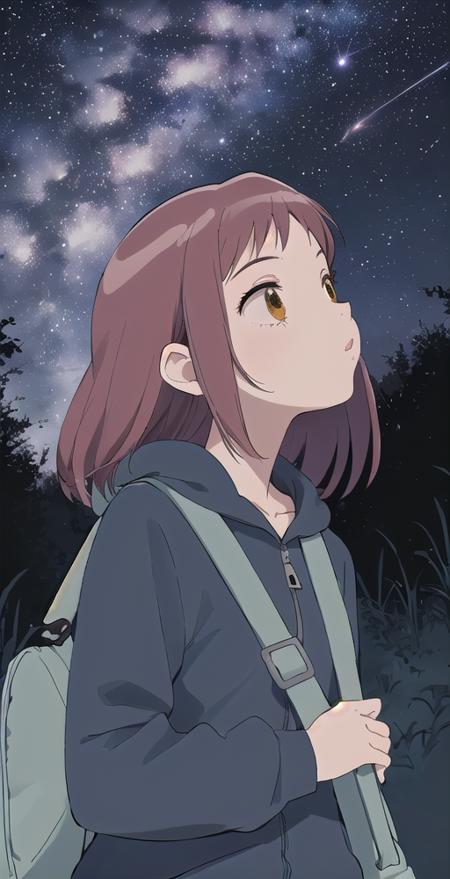 MS, 1girl, solo, on a hill,  jacket, sling bag, looking up, night sky, milkyway, perfect quality, good quality, masterpiece, HDR, UHD <lora:Mamimi Samejima:0.7>