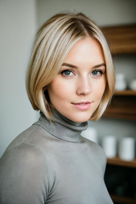 RAW photo of psjwl, Competent and chic in a Turtleneck and wide-leg pants at a design studio, closeup portrait, blonde hair, (high detailed skin:1.2), 8k uhd, dslr, soft lighting, high quality, film grain, Fujifilm XT3, <lora:psjwl:1>