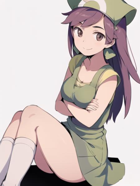 <lora:Breeder:0.7> BreederPkmn, 1girl, solo, breasts, looking at viewer, smile, simple background, hat, white background, dress, medium breasts, sitting, full body, purple hair, socks, crossed arms, poke ball, poke ball (basic), venus symbol