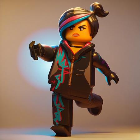 lego, wyldstyle, 1girl, short hair, black hair, yellow skin, multicolored hair, streaked hair, hoodie, zipper, topknot, freckles, no nose, gloves