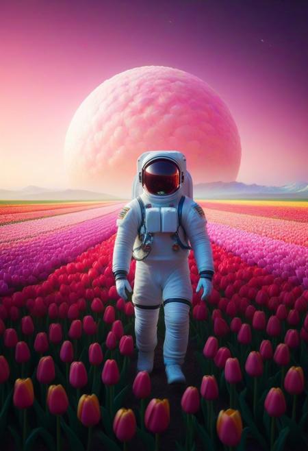 jaynl-tm, made of tulips, (astronaut on alien planet:1.5), (planet covered in tulips:1.6), (tulip petals:1.3), endless tulip field, space exploration, dreamy sci-fi, alien flora, spacesuit reflection, ethereal lighting, fantasy scifi blend, pastel skies, soft fog, cosmic background, dramatic composition, cinematic feel