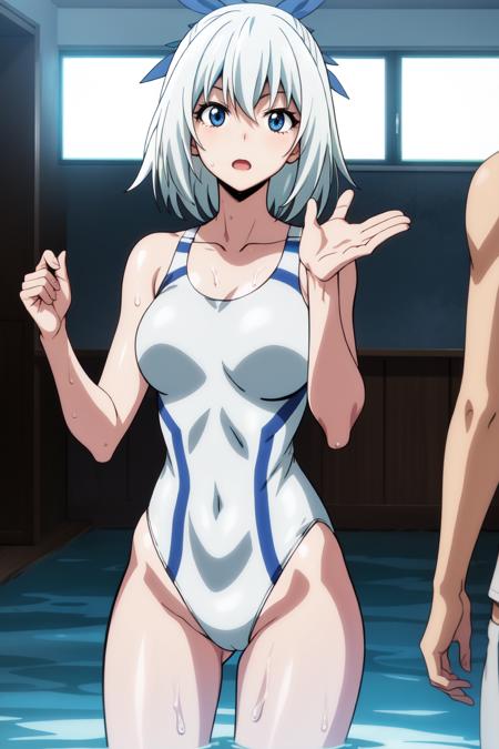 Sayaka, 1girl, white hair, short hair, blue eyes, blue ribbon collarbone, white swimsuit, white one-piece swimsuit, barefoot t-shirt, bike shorts front-tie top bikini, side-tie bikini bottom, barefoot collarbone, white  swimsuit, white  one-piece swimsuit, back cutout, navel, (torn clothes, torn swimsuit:1.3), barefoot