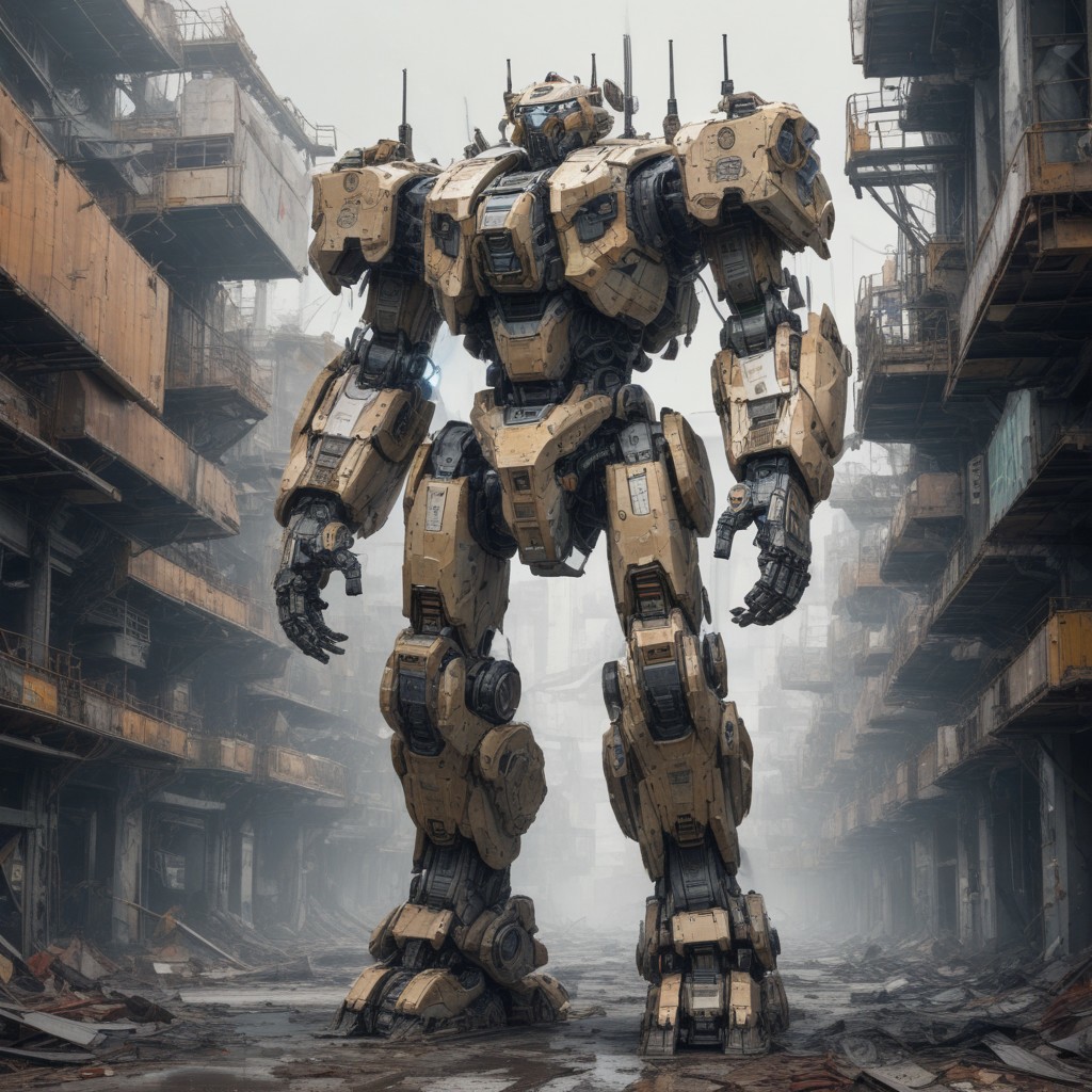 Generate a highly detailed illustration of a full-body mech on a recycling plant, inspired by the work of Titus Lunter and created by Ai-Mitsu, with a dolman and pine color scheme, incorporating micro-details, and utilizing 82 mm sigma art effects.