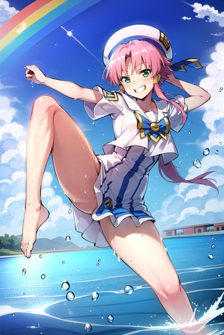 ((masterpiece,best quality)), <lora:MizunashiAkariV1:0.65>, mizunashi akari, uniform, dress, white dress, hat, sailor collar,
outdoors, fighting stance, grin, leg up, barefoot, (splashing), water drop, rainbow