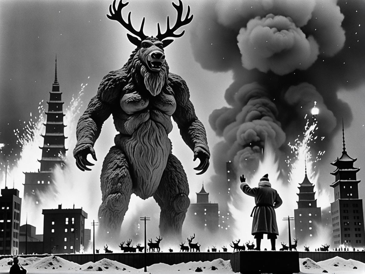 A man pointing at a giant monster with antlers in front of a snowy cityscape.