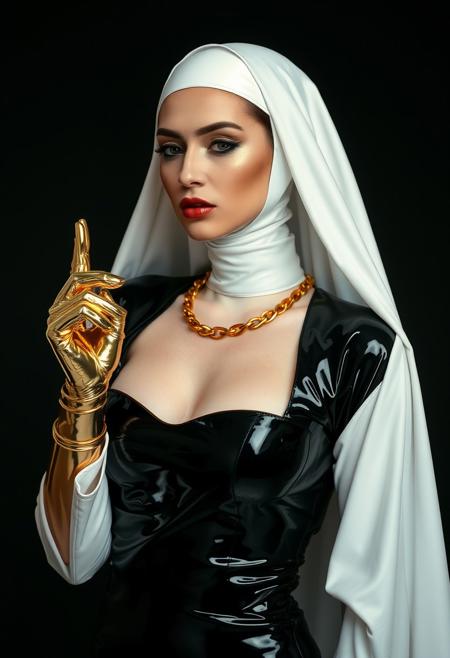 Avant-garde , chrome and gold , 27 year old swedish woman in latex nun outfit