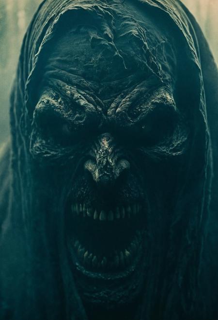 Face of a Horrible shapeshifter shrouded in flowing shadows,  
Texture, ornaments and sharp contrasts, 
dust, 
fog, 
Image of very angry face with sharp teeth, 
mysterious character, 
scary,  
dramatic atmosphere,  
Mixture of dark color palette, 
and cold colors, 
lomography, 
Swirl of colors