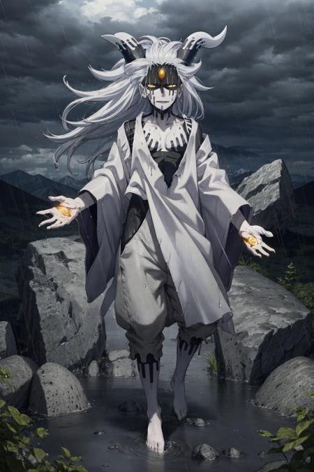 Momoshiki, 1boy, two-tone skin, long hair, white hair, yellow eyes, third eye, horns, masterpiece, best quality, <lora:Momoshiki_Otsutsuki:1>, white robe, messy hair, full body, white pants, barefeet, purple energy, outdoors, mountains, rocks, night, clouds, (rain, raining, wet), smirk, purple energy, power aura